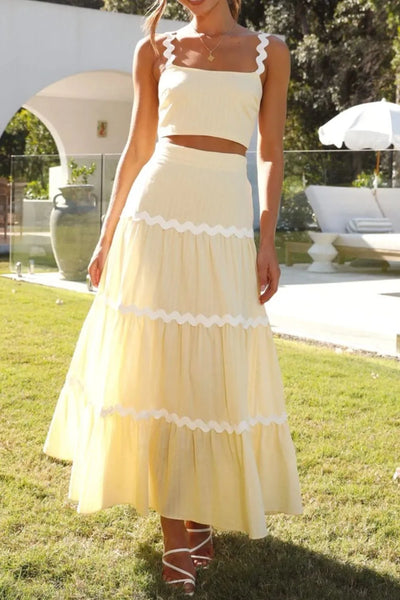 Pastel Yellow Cami and Maxi Skirt Set - Contrast Trim