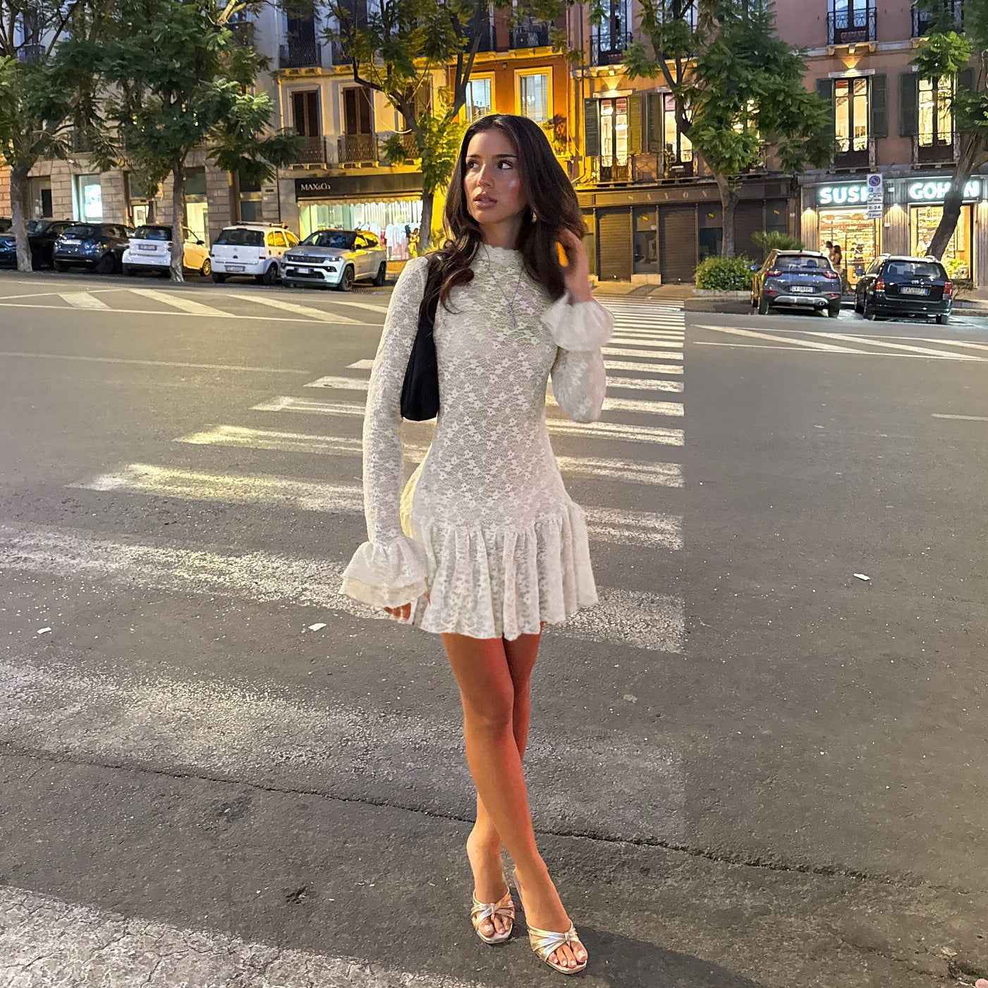 Lace See-Through Mini Dress - Long Sleeve V-Neck Apricot