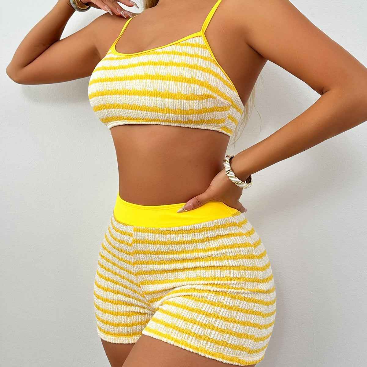 Yellow and White Striped Bikini - Full Coverage Swimsuit