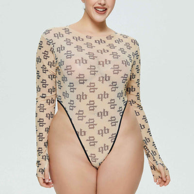 Printed Bodysuit Mesh Bodycon - Long Thumbhole Sleeves