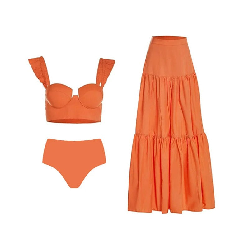 Three-Piece Bikini Set - Orange Swimsuit Style