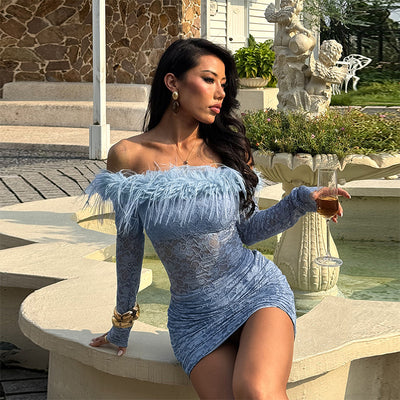 Off Shoulder Lace Dress - Blue Bodycon Mini - Fashions Envy