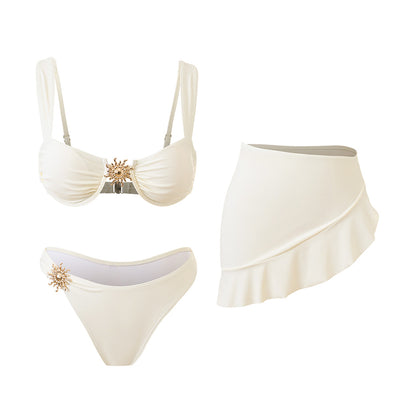 Underwire Bikini Set with Ruffle Sarong Skirt - 3-Piece Swimsuit