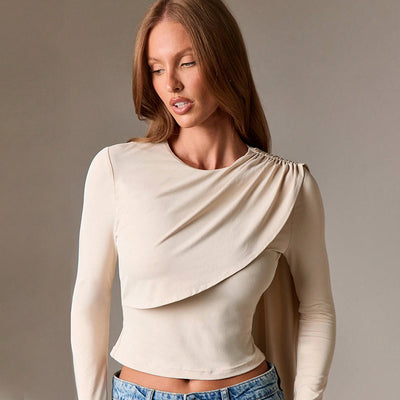 Shoulder Shawl Crop Top - Apricot Long Sleeve Pullover
