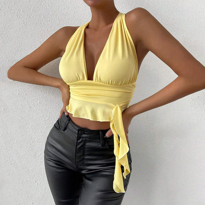 Halter Crop Top - Deep V-Neck Sleeveless Slim Fit