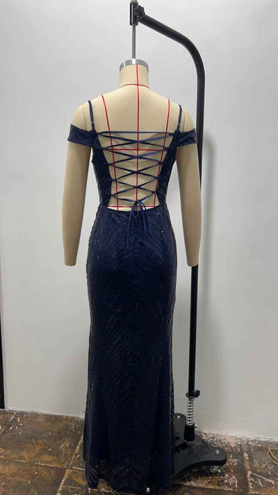 Blue Sequin Maxi Dress - Off Shoulder Spaghetti Strap Gown