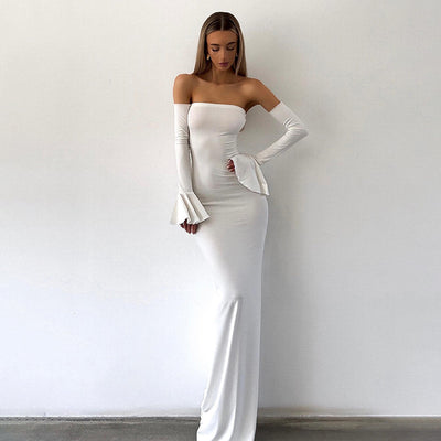 Mermaid Evening Dress - Off-Shoulder Long Sleeve Gown - Fashions Envy