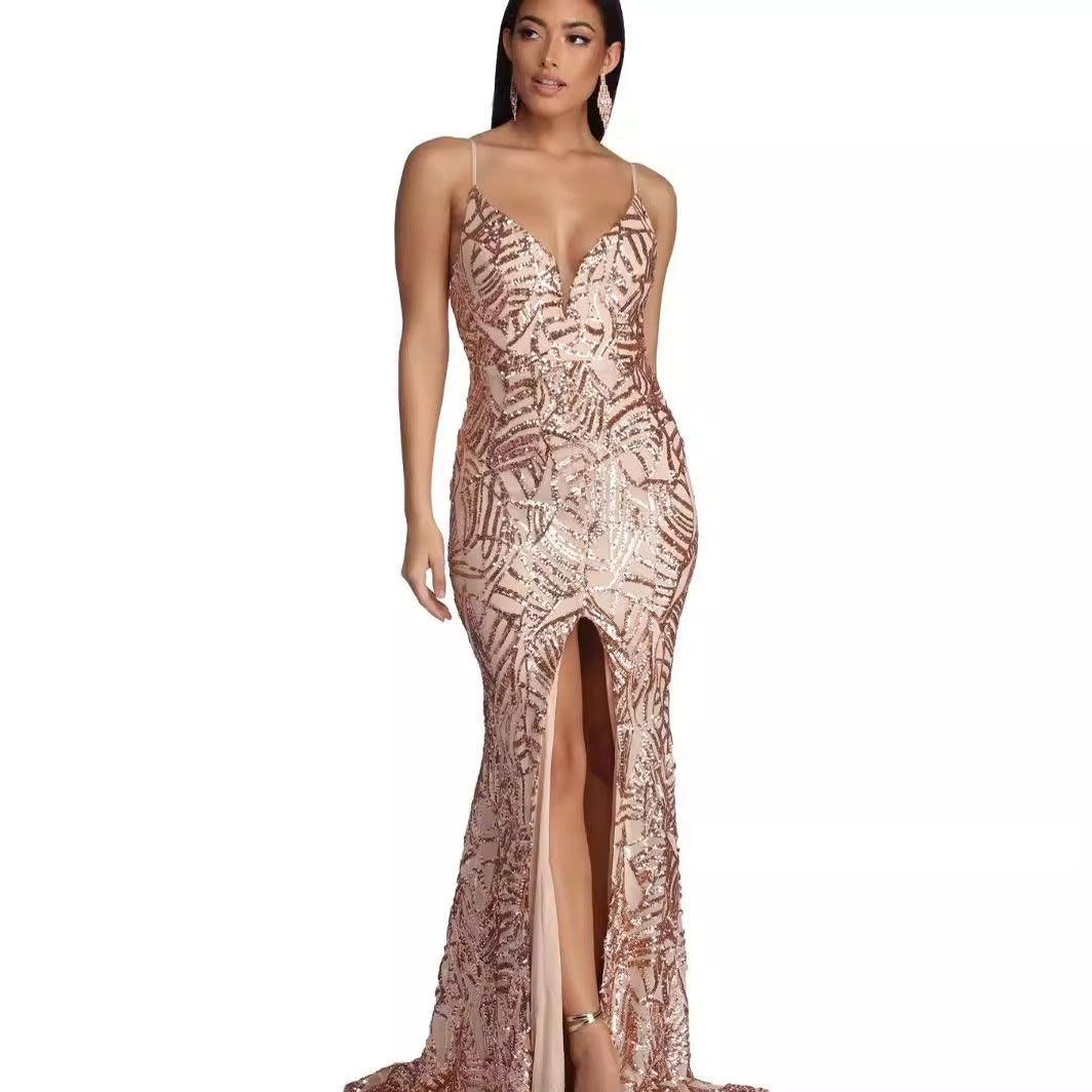 Spaghetti Strap Sequin Prom Gown - Deep V Maxi Slit Dress