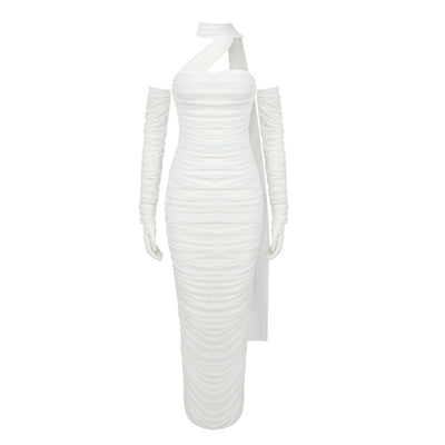 Sheer Mesh Backless Dress - White Halter Long Sleeve