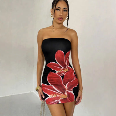 Floral Bodycon Mini Dress - Strapless Waist-cinching