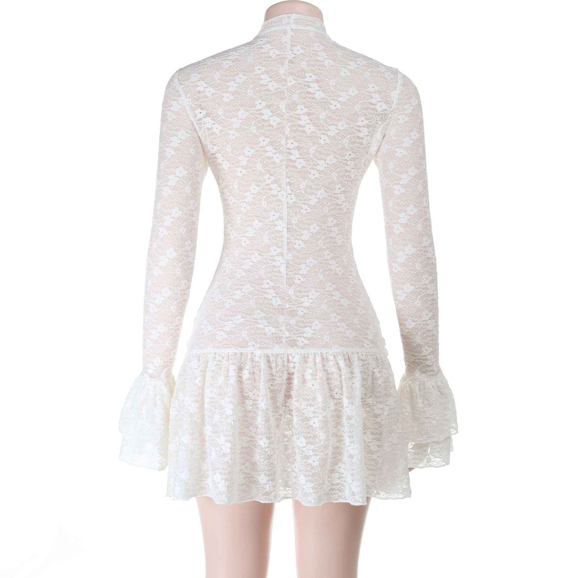 Lace See-Through Mini Dress - Long Sleeve V-Neck Apricot