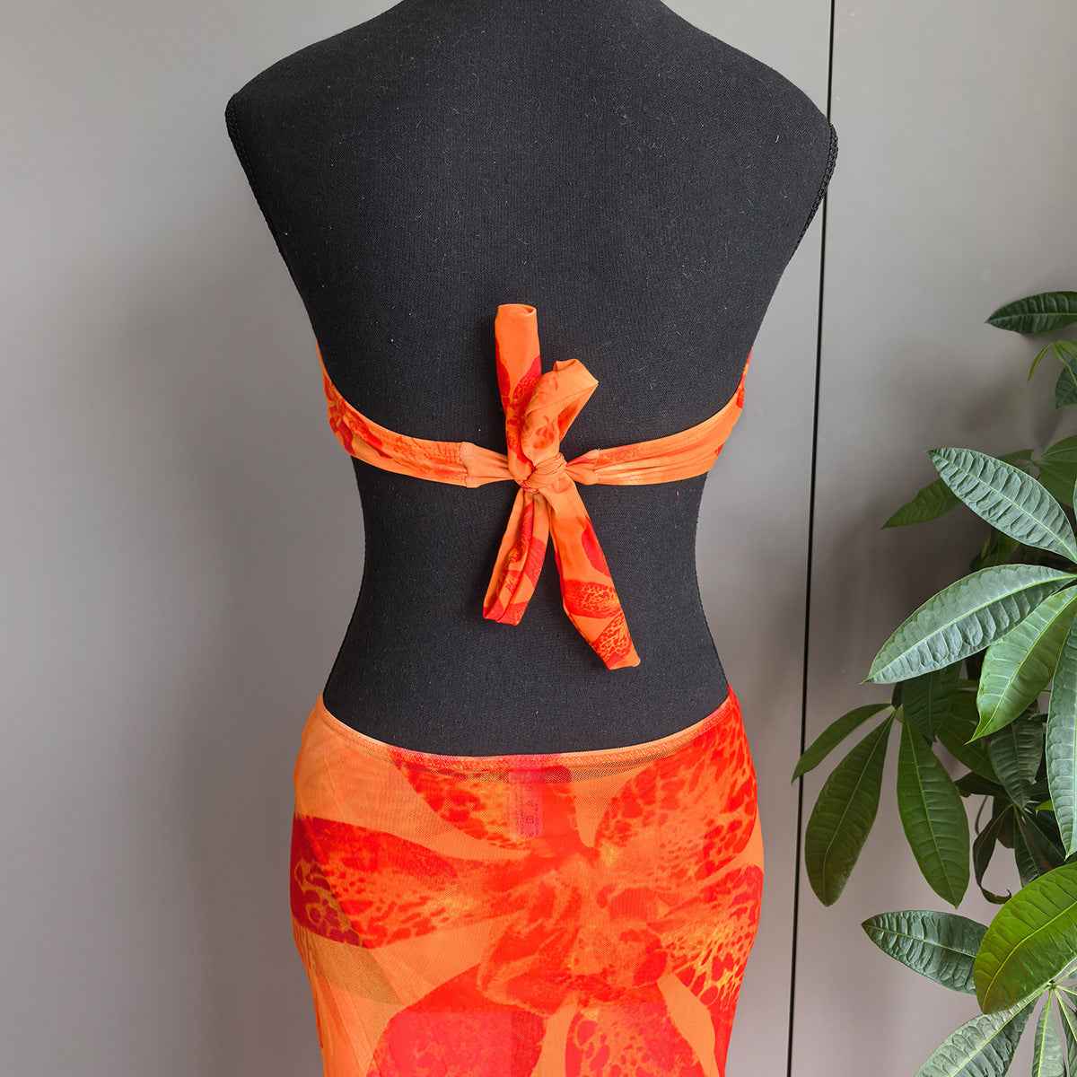 Orange Print Bikini Set - Tie Strap Triangle Two-Piece Swimsuit