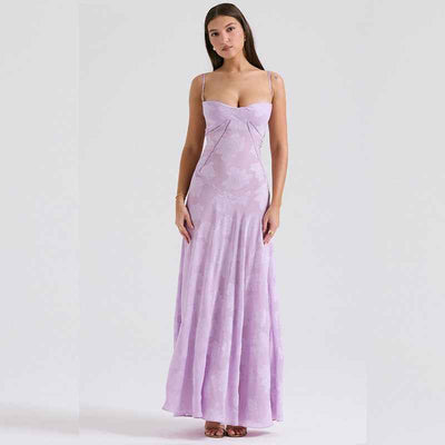 Floral Backless Maxi Dress - Square Neck High Waist Chiffon