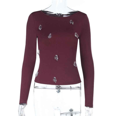 Rhinestone Long Sleeve Top - Burgundy Slim Fit Knit