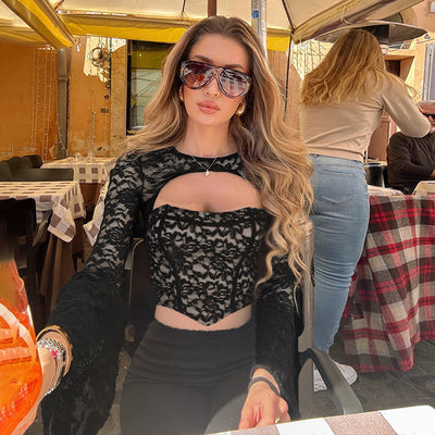 Off Shoulder Lace Top - Long Sleeve Hollow Waist - Fashions Envy