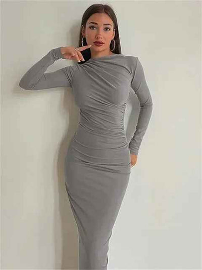 Pleated Maxi Dress - Bodycon Fitted Long Sleeve Elegant