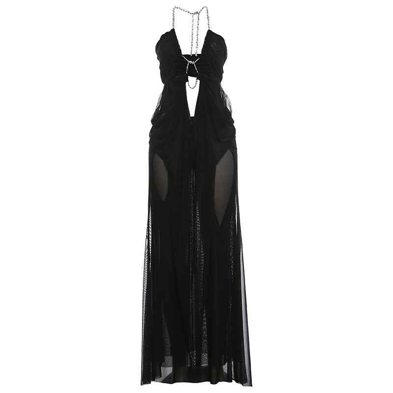 Summer New Vacation Fashion Sexy Mesh Sheer Low-Cut Halter Dress for Women