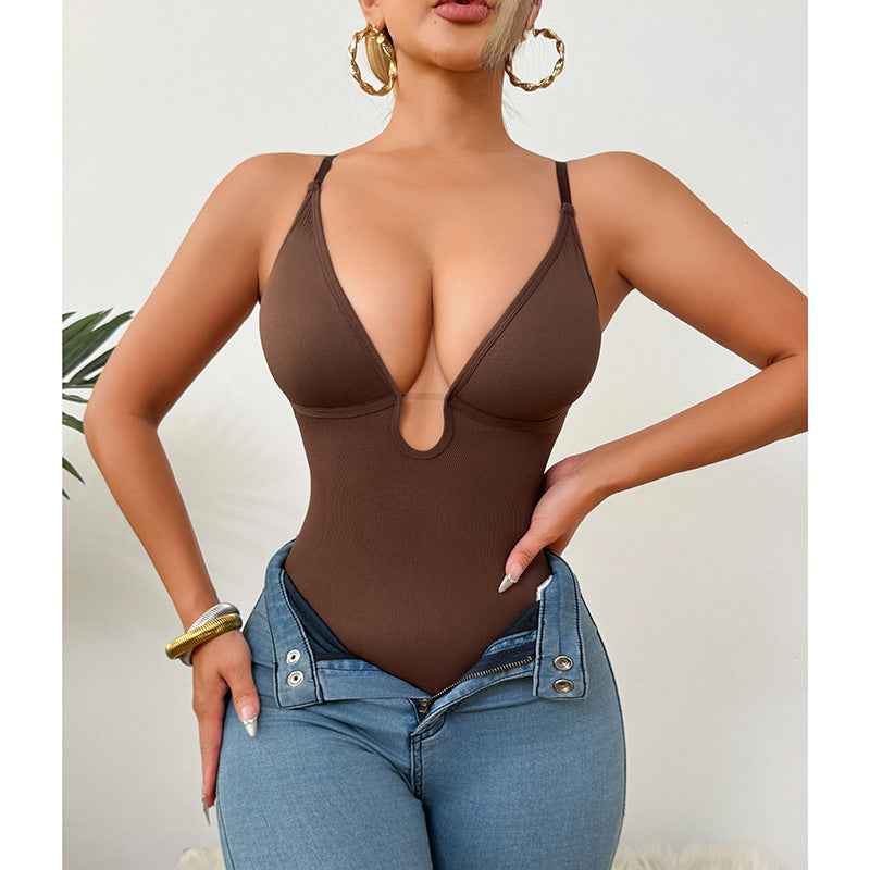 Deep V-Neck Thong Bodysuit - Tummy Control Shapewear