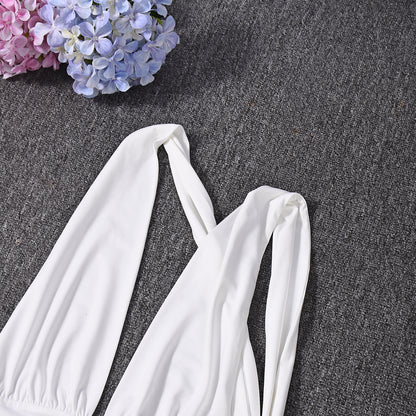 Halter Crop Top and Maxi Skirt Set - White Backless Outfit