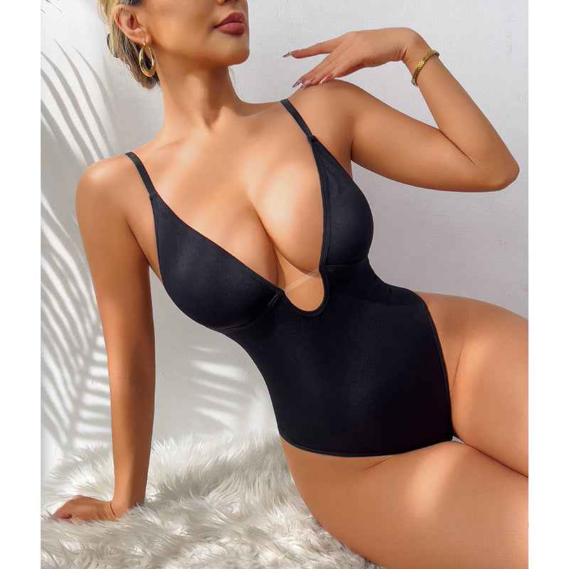 Deep V-Neck Thong Bodysuit - Tummy Control Shapewear