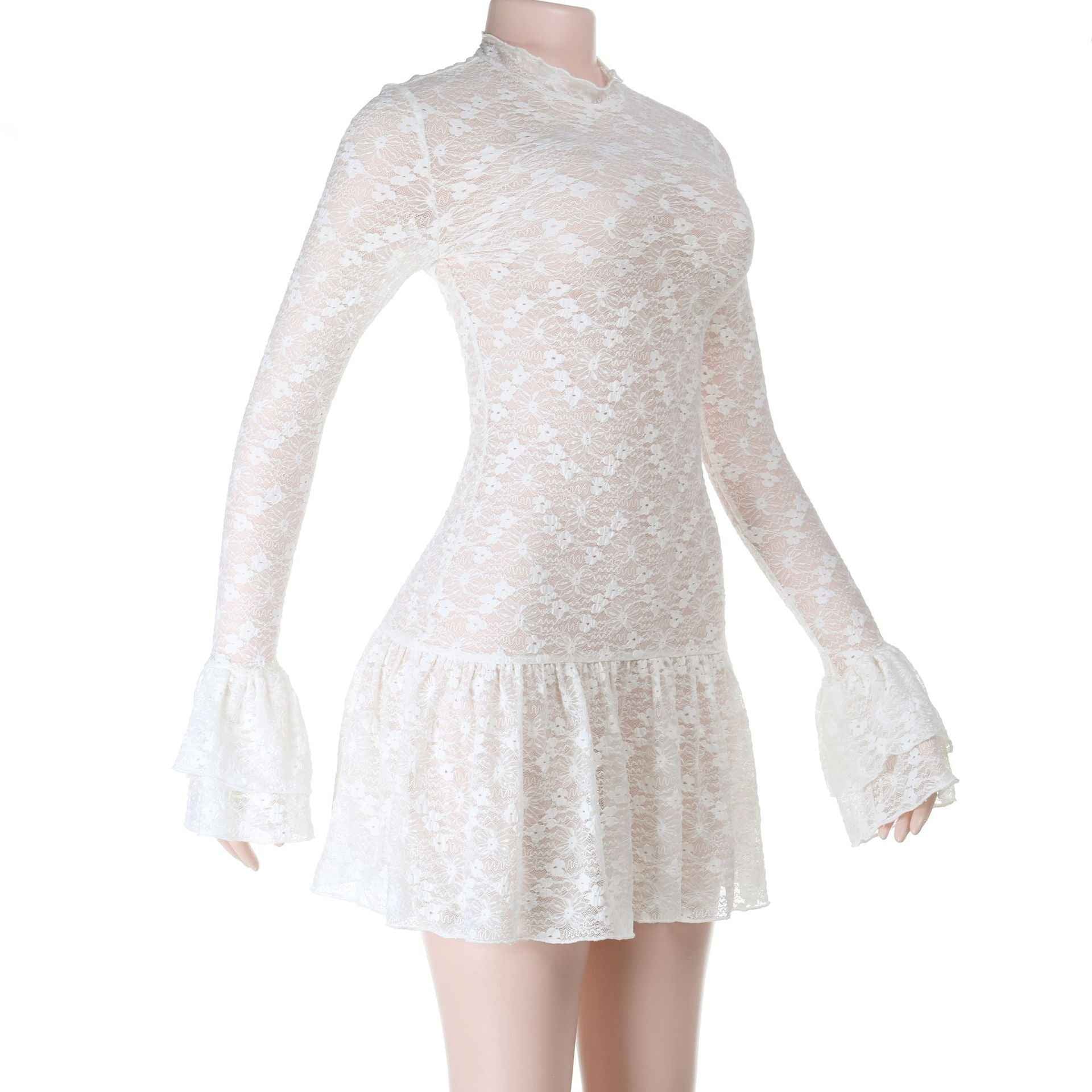 Lace See-Through Mini Dress - Long Sleeve V-Neck Apricot
