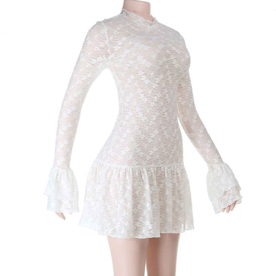 Lace See-Through Mini Dress - Long Sleeve V-Neck Apricot