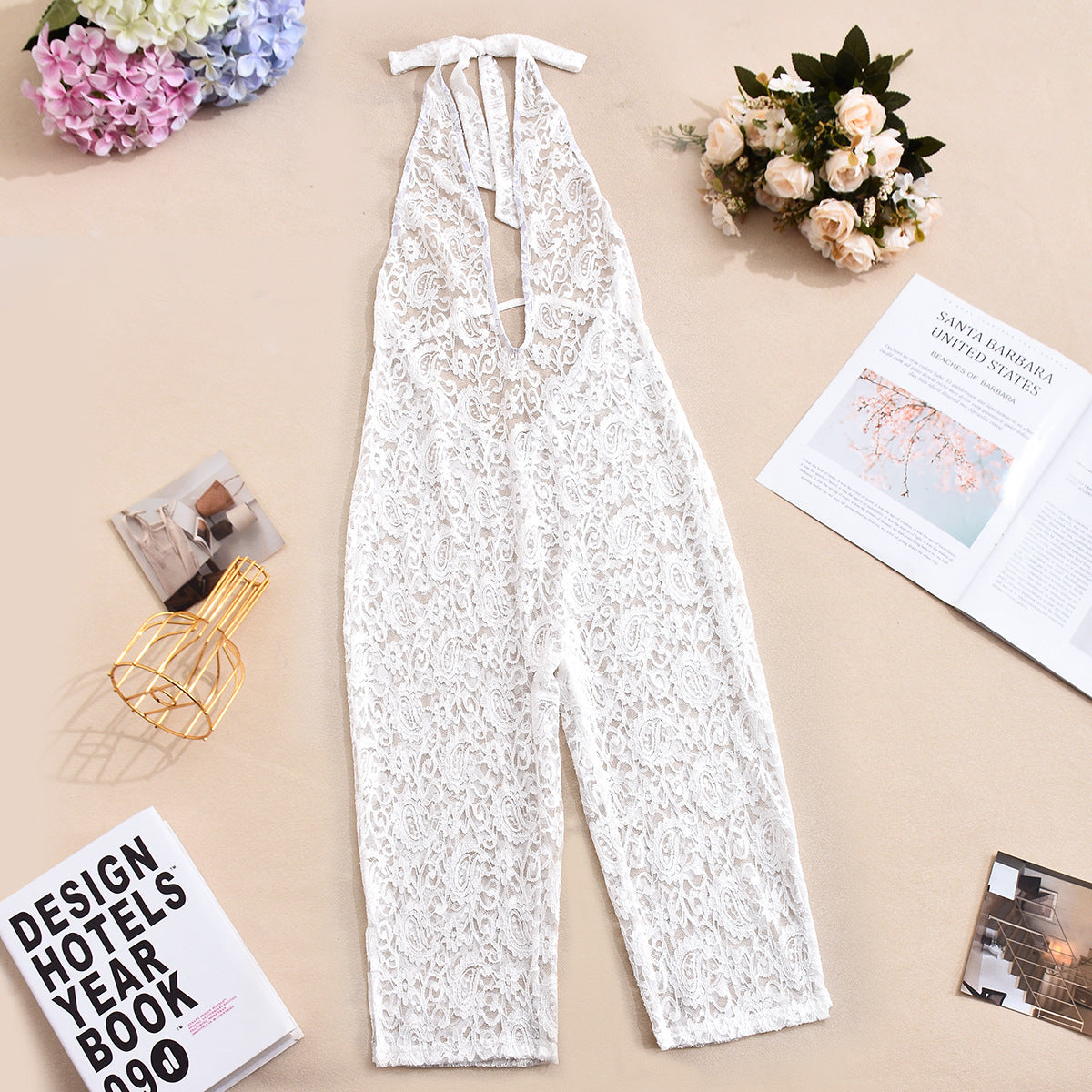 White Lace Jumpsuit - Deep V Backless Wide Leg Outfit