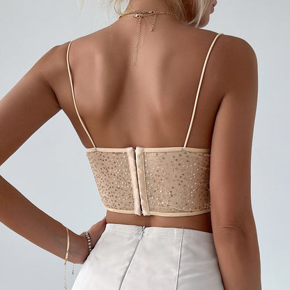 Mesh Sequin Camisole Tank Top - Thin Strap Slim Fit - Fashions Envy