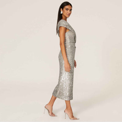 Sequin Midi Dress - White Short Sleeve Round Neck Party