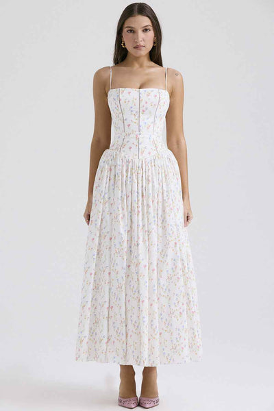 Floral Cami Maxi Dress - Cinched Waist A-Line Spaghetti Strap