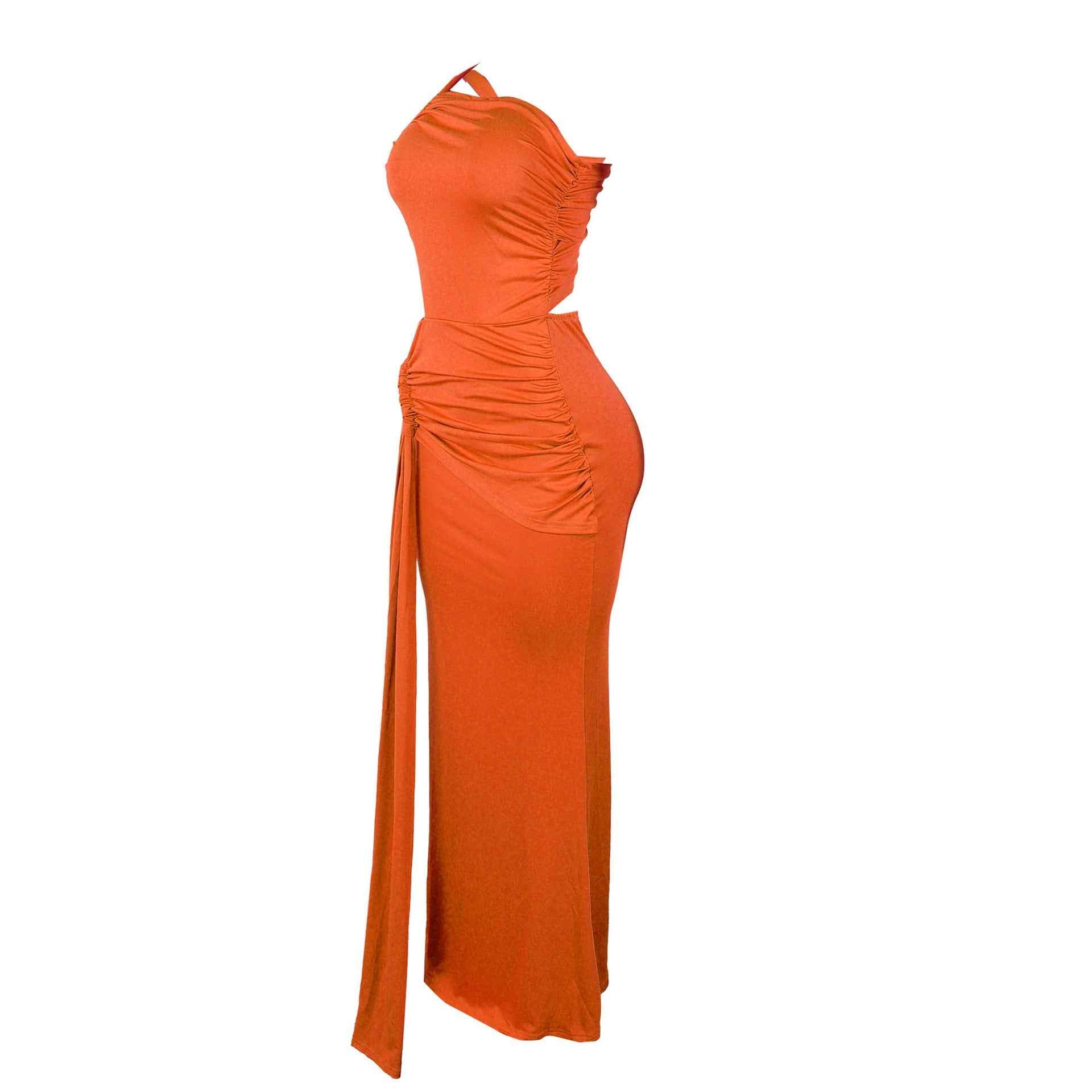 One Shoulder Cutout Maxi Dress - Pleated Bodycon Fit