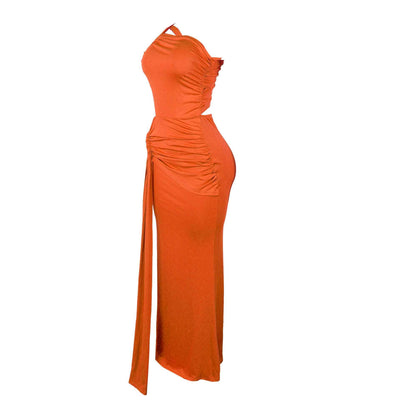 One Shoulder Cutout Maxi Dress - Pleated Bodycon Fit