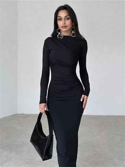 Pleated Maxi Dress - Bodycon Fitted Long Sleeve Elegant