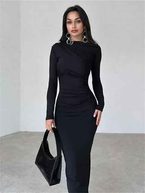 Pleated Maxi Dress - Bodycon Fitted Long Sleeve Elegant