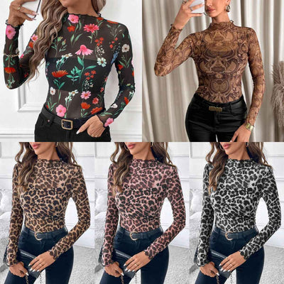 Small Stand-up Collar Blouse - Long Sleeve Mesh Top