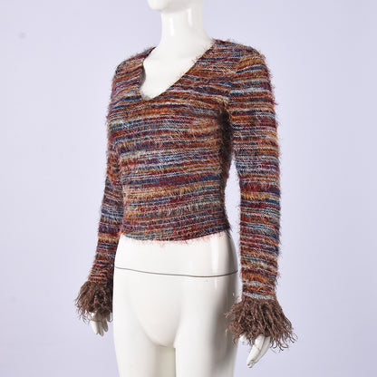 Open navel V-neck yarn dyed top for women