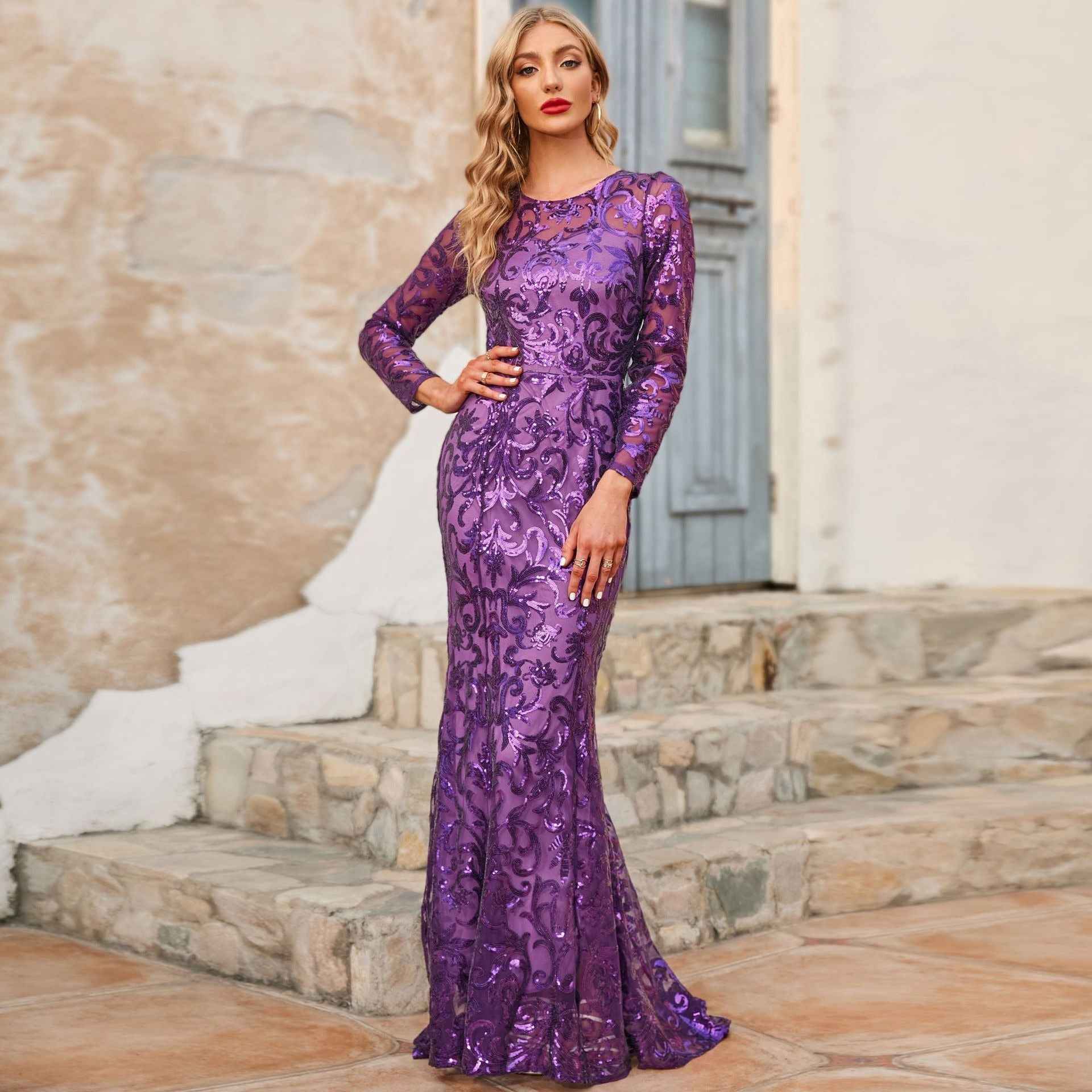 Long Sleeve Sequin Gown - Floor Length Formal Evening Dress