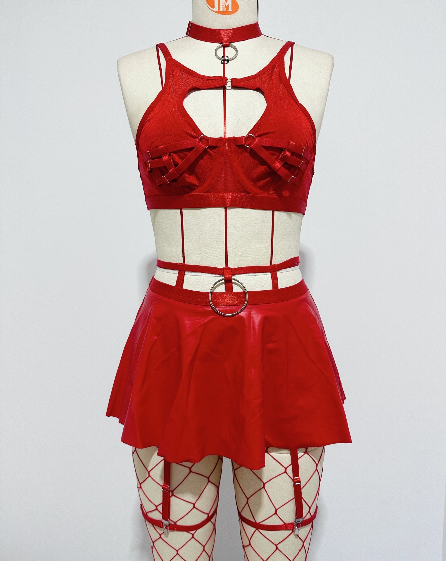 Lingerie Skirt Set - Lace Bra with Fishnet Stockings - Fashions Envy