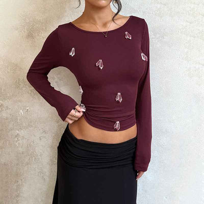 Rhinestone Long Sleeve Top - Burgundy Slim Fit Knit