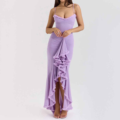 Spaghetti Strap Mesh Maxi Dress - Layered Irregular Hem