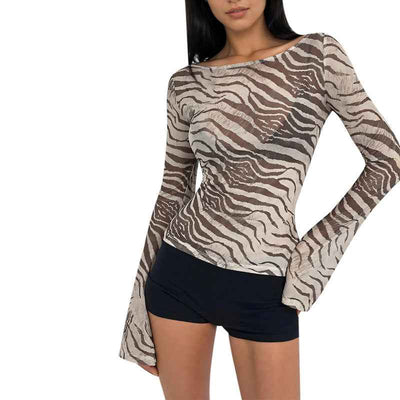 Sheer Animal Print Crop Top - Khaki Long Sleeve Mesh