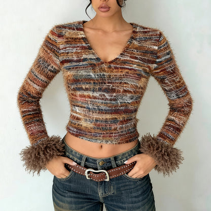 Open navel V-neck yarn dyed top for women