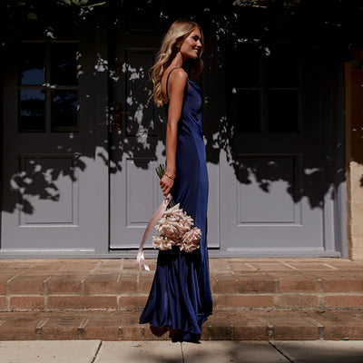 Satin Evening Dress - Backless Halter Maxi - Fashions Envy