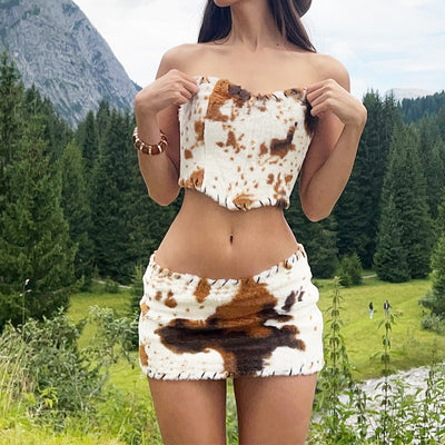 Printed Two Piece Set - Crop Top Backless Skirt Party Outfit