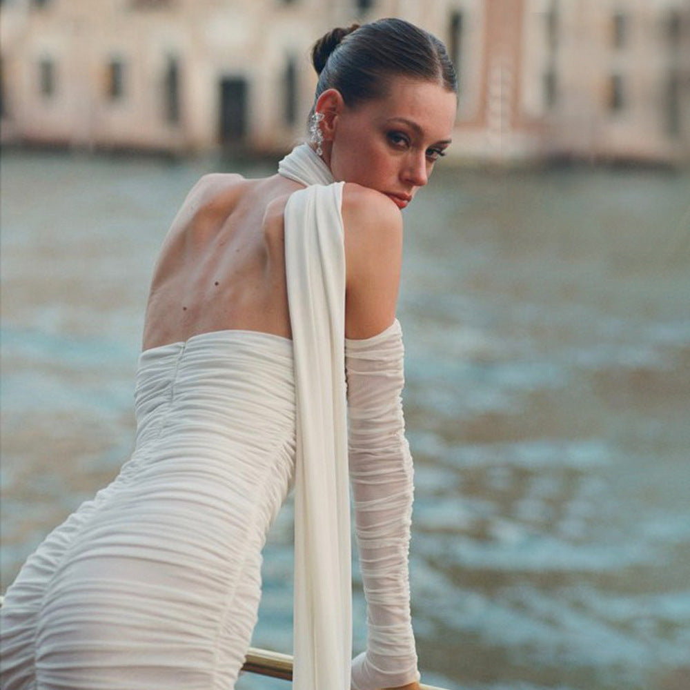 Sheer Mesh Backless Dress - White Halter Long Sleeve