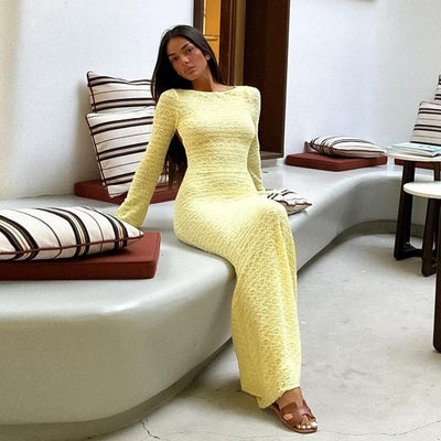 Backless Maxi Dress - Tie Detail Long Sleeve Yellow - Fashions Envy