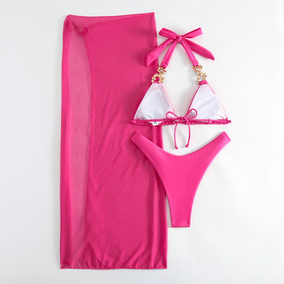 Three-Piece Bikini Set - Rhinestone Embellished Swimsuit - Fashions Envy