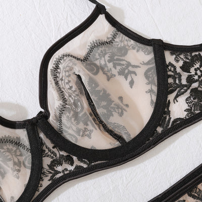 Sheer Lingerie Set - Embroidered Mesh Bra