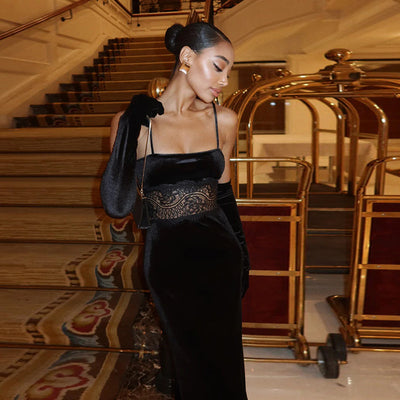 Velvet Evening Gown - Lace Halter with Long Gloves - Fashions Envy