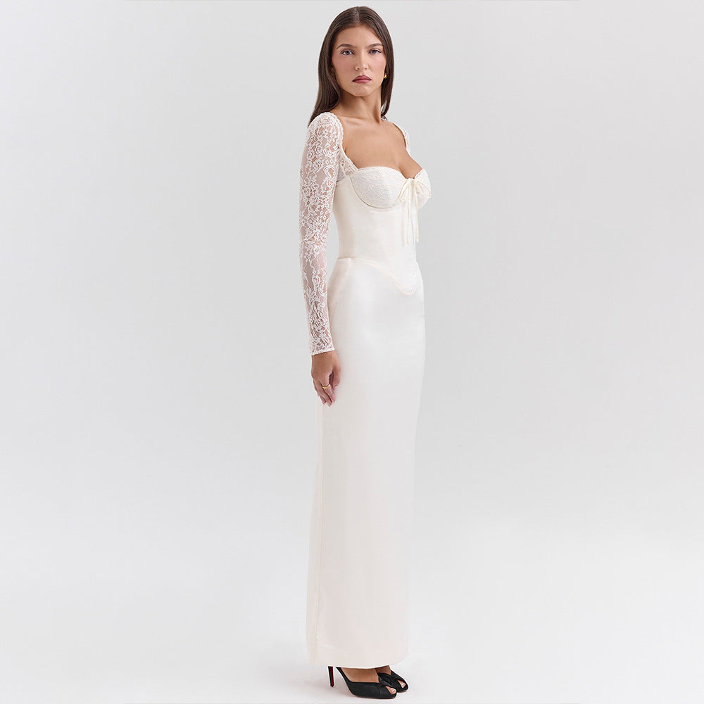White Sweetheart Neck Maxi Dress - Lace Spliced Long Sleeve Bodycon